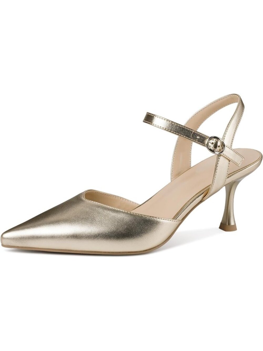 Women's Gold Faux Leather Comfortable Ankle Strap Closed Toe Kitten Heels Pumps